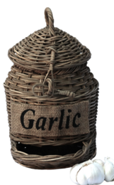 Woven wicker storage basket with 'Garlic' text, suitable for storing and displaying garlic cloves.