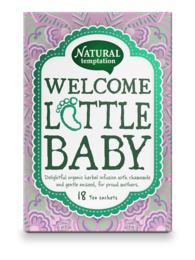 A green and pink box with the text "Welcome Little Baby" and a floral pattern design. The product appears to be a tea or beverage item for welcoming a new baby.