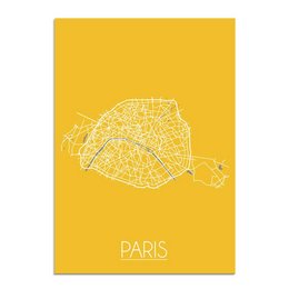 A yellow poster featuring a map of Paris, showcasing the city's iconic streets and landmarks.