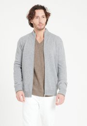  Gray cashmere zipped cardigan with a shawl collar, suitable for men.