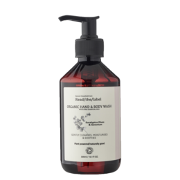 Organic hand and body wash with eucalyptus dives and geranium scents. 300ml bottle with pump dispenser.