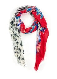 Red cotton modal scarf with floral pattern, animal print, mixed colors, lightweight drape, versatile accessory.