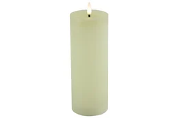 A large, rustic LED candle in a cream color. The candle measures 7.5 cm in diameter, 20 cm in height, and has a burn time of 7.5 hours.