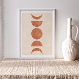 Abstract art print featuring a series of terracotta-colored moon phases in different sizes. Suitable for home decor in a minimalist or modern style.