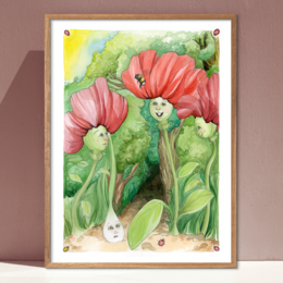 "Vibrant red flowers with whimsical fairy-like creatures peeking out from the petals. A colorful and imaginative kids room poster featuring a magical forest scene."

This image depicts a whimsical and imaginative scene of large, vibrant red flowers with fairy-like creatures peeking out from the petals. The flowers are set against a lush, green background, creating a magical forest-like atmosphere. The overall style and subject matter suggest this would make an engaging and visually appealing kids room poster.