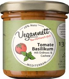 Tomato basil organic spread, savory spread with tomato, basil, and cashew, 135g and 270g variants available.