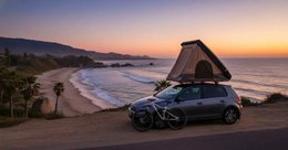  "Rigid roof tent, 2-person capacity, black and tan materials, compact camping shelter, made in France"