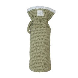 Olive green crocheted bottle holder with drawstring closure, suitable for kids' water bottles.
