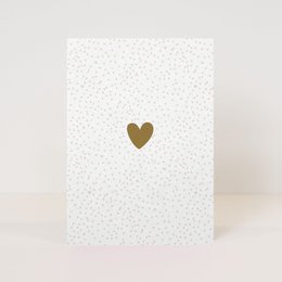 A simple white postcard with a gold heart in the center, conveying a message of love and friendship.