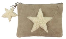 A beige suede leather bag with a large white star design. The bag has a zipper closure and a small star-shaped charm attached.