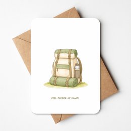 Colorful camping-themed friendship card with a map graphic and the text "Camp | Card" and "Kamp".