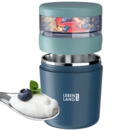 "Insulated stainless steel yogurt and muesli to-go container with 650ml capacity and spoon. Available in multiple colors."