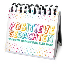 Colorful desk calendar with the text "Positive Thoughts for Every Day" in Dutch. The calendar features a spiral binding and a variety of decorative elements like stars and dots.