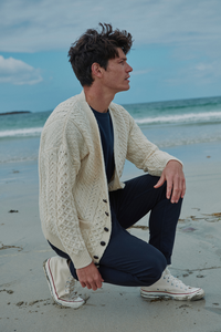 Clare Island Mens Merino Aran Cardigan - Cream