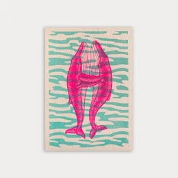 "Postcard with a vibrant pink whale design against a teal and white striped background. The whale has a unique, abstract pattern and appears to be swimming or floating in the water."