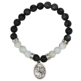 Black and white beaded bracelet with Om charm, made of Larvikiet and Moonstone.