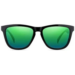 Black framed sunglasses with green mirrored lenses