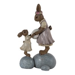 Decorative rabbit figurine in pink and beige colors, standing on rocks, with a smaller rabbit figure beside it. The figurine measures 10x6x17 cm.