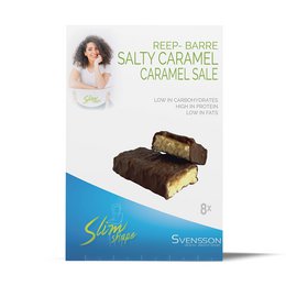  Salty caramel protein bars in a box of 8 chocolate-coated bars. The bars feature a chocolate coating and a salty caramel filling.
