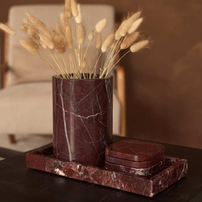 Marmeren dienblad met geschulpte rand, luxe natuursteen badkamer ijdelheid lade decoratief voor dressoir top parfum koffie thuis gootsteen sleutel snuisterij ring (Rosso Lepanto, 20 x 20 x 1,6 cm