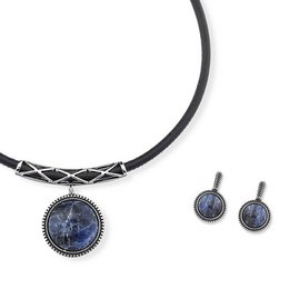 Antique silver plated and black leather set with a round pendant featuring a blue gemstone and matching earrings. The pendant has a vintage, ornate design with a dark blue stone in the center.