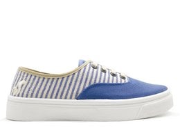Blue and white striped canvas sneaker with lace-up closure.