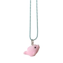 A cute, soft, ocean-themed necklace with a pink bird pendant on a teal beaded chain. Perfect for kids.