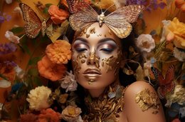 Vibrant poster featuring a woman's face surrounded by colorful butterfly wings and autumn foliage. Suitable for home decor or art gallery display.
