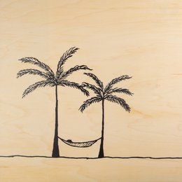 Black and white poster featuring two palm trees and a hammock between them on a beige background.