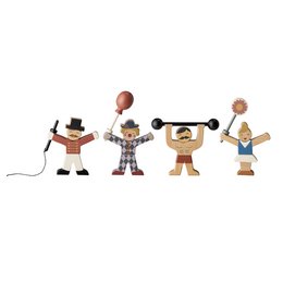  Wooden toy figures in various poses, including a red figure, a figure with a hat, and a figure with a ball. The toys appear to be made of beech wood and have a natural, rustic aesthetic.