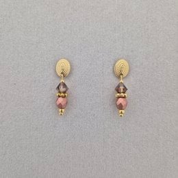 Brown faceted beads drop earrings, gold and silver, elegant dangle style with copper-toned accents.