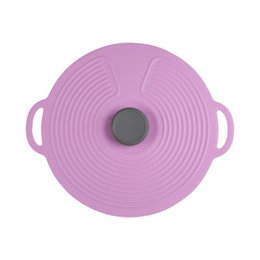  Universal silicone lid for dishes, pots, and pans, 23 cm in diameter. Made of flexible silicone material in a light purple color with a circular ribbed pattern.