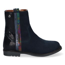Dark blue kids' ankle boots with colorful side panels and a rounded toe. The boots have a slip-on design and a textured sole for traction.