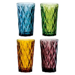 Set of 4 Highgate Hiball Tumblers in assorted colors including blue, green, yellow, and pink. The tumblers feature a diamond-shaped textured pattern that adds visual interest and a unique design element.