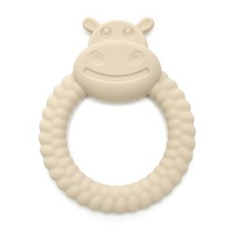  Soft silicone teething toy in the shape of a bunny with textured rings for soothing gums. Khaki color.