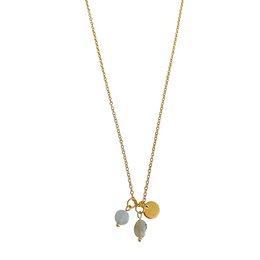 Aquamarine, labradorite, and heart-shaped charms on a delicate gold chain necklace.