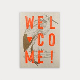  Eco-friendly welcome postcard with bold red text "WELCOME!" and heart symbol on a neutral-toned background.