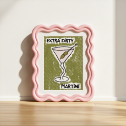 "Extra dirty martini poster with a green background and a pink frame. The poster features a martini glass icon and the text 'EXTRA DIRTY MARTINI'."

The image shows a poster for an "Extra Dirty Martini" product. The poster has a green background with a pink frame. The main design element is a martini glass icon, and the text "EXTRA DIRTY MARTINI" is prominently displayed. This poster would be suitable for an ecommerce store selling cocktail-related products or home decor.