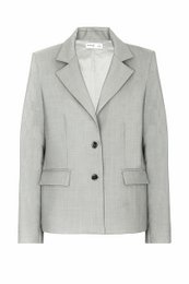  A light grey, regular-fit wool blazer with sleeve vents, suitable for women's formal wear.