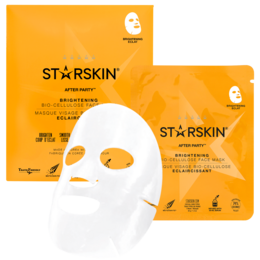White sheet face mask with orange packaging labeled "STARSKIN". The face mask appears to be a hydrating and nourishing sheet mask for the face.