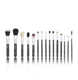 A set of 15 classic makeup brushes in various sizes and shapes, including foundation, blush, eyeshadow, and detail brushes, for a complete makeup application.