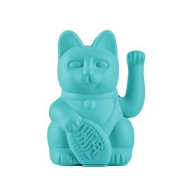  Turquoise ceramic figurine of a lucky cat with a raised paw, a traditional Japanese symbol of good fortune.