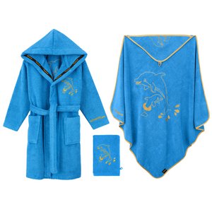 Luxus Baby Wellness Set (3 teilig) Bademantel, Kapuzendecke, Waschlappen 100% Baumwolle - in Gold gesticktes Tiermotiv Delfin