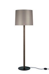 A tall, cylindrical floor lamp with a neutral-colored fabric shade and a wooden base.