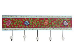 A decorative wall hanger with a ceramic handle, measuring 48.5 x 5 x 17.5 cm. The hanger features a vibrant floral pattern in shades of red, green, and blue, creating a visually appealing and functional piece for coat storage.