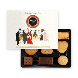 A tin of 32 fine assorted biscuits. The tin features a colorful vintage-style illustration with various people in formal attire. The biscuits appear to be a variety of shapes and sizes, likely including shortbread, cookies, and other assorted baked goods.