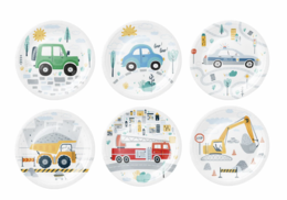  Set of 6 paper plates with vehicle designs, including a green tractor, blue car, construction truck, and more. Plates are 18 cm in diameter.