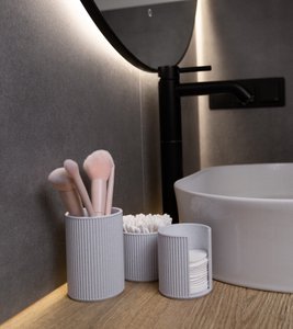 Minimalist Marble Bathroom and Vanity Organizer Set – Ribbed Design | Makeup Brush Holder, Cotton Pad Dispenser and Cotton Swab Container