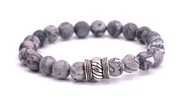 Gray beaded bracelet with textured metal accent bead, suitable for casual or formal wear.