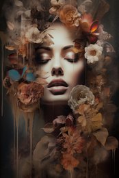 Woman face portrait with dried flowers, warm brown tones, artistic abstract painting, floral art print